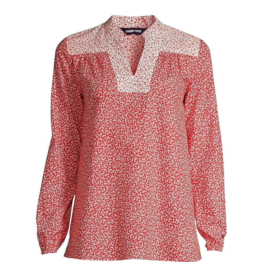 Lands’ End Size 2X Bright Orange Red White Micro Floral Tunic Split VNeck Blouse